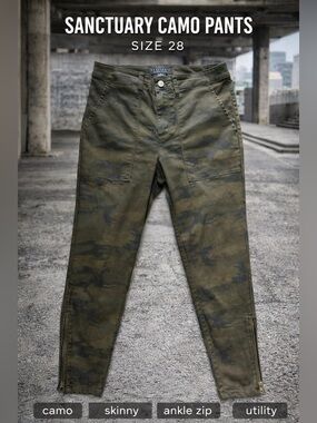 Sanctuary Camo Pants Size 28 Green Camouflage Skinny Ankle Zip Utility Pants